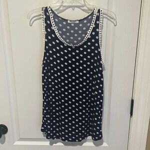 New BomBom Made in the USA Navy and White Polka dot tank top with white trim